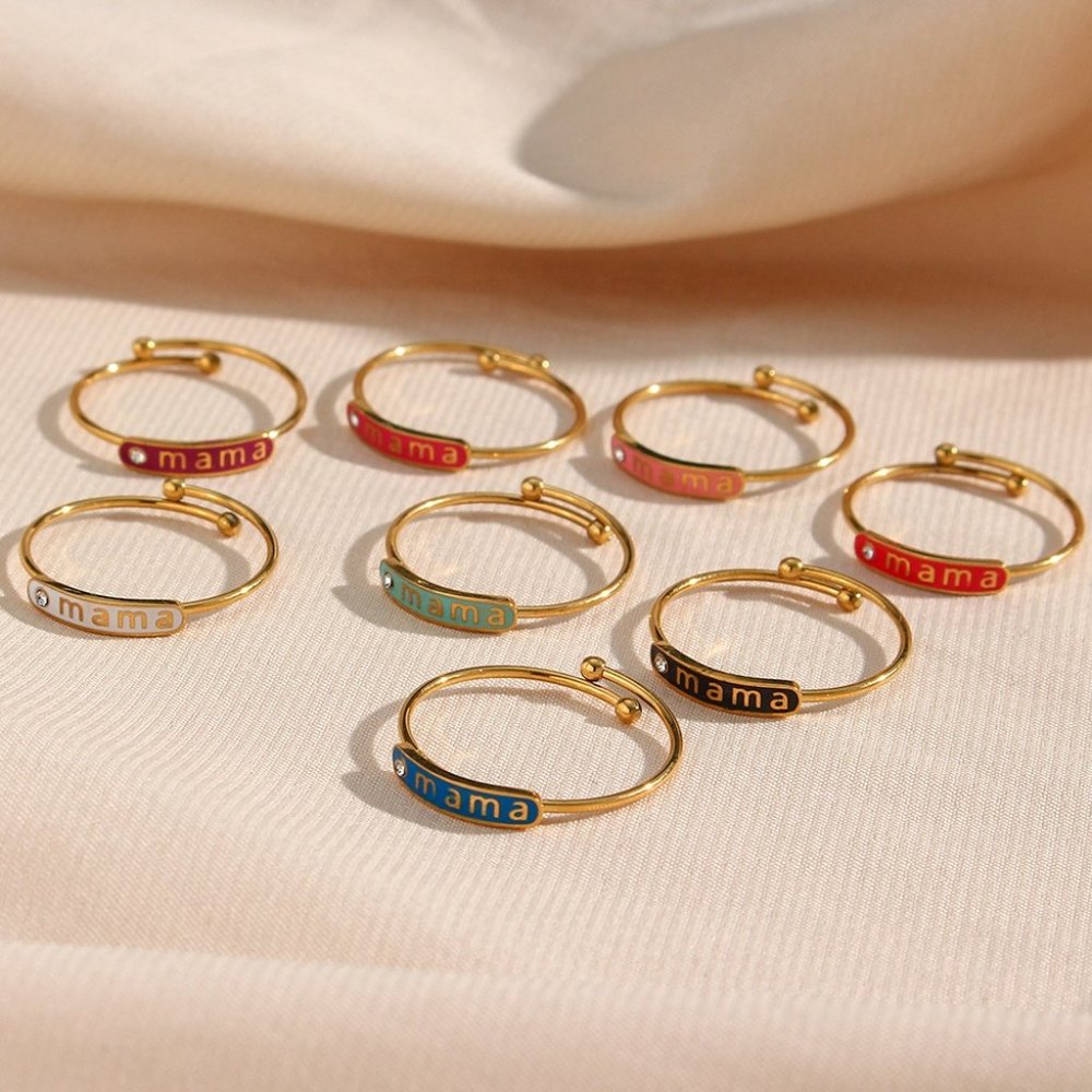 Black Enamel Mama Adjustable Zircon Stackable Ring 18K Gold Plated Stainless - Picture 7 of 7